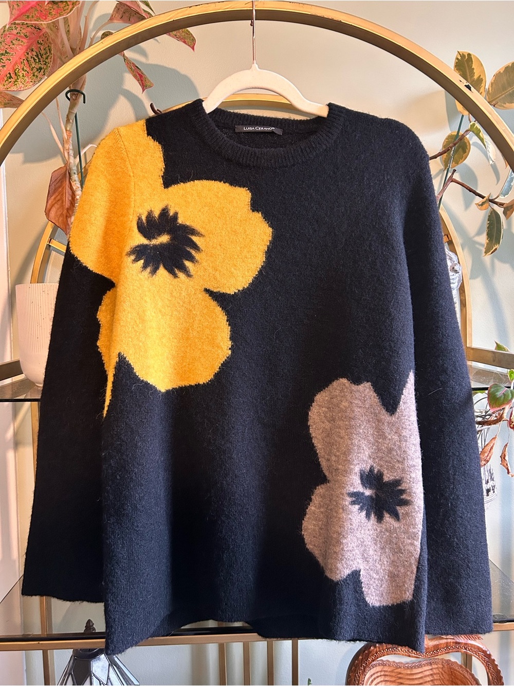 Luisa Cerano alpaca merino wool floral oversized crewneck sweater sz 4